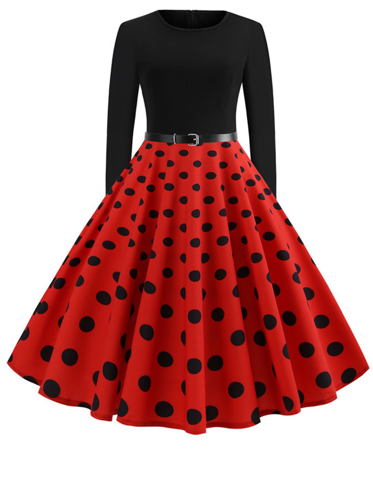 Vintage Black Dots Print Patchwork Long Sleeve Evening Gowns Dresses