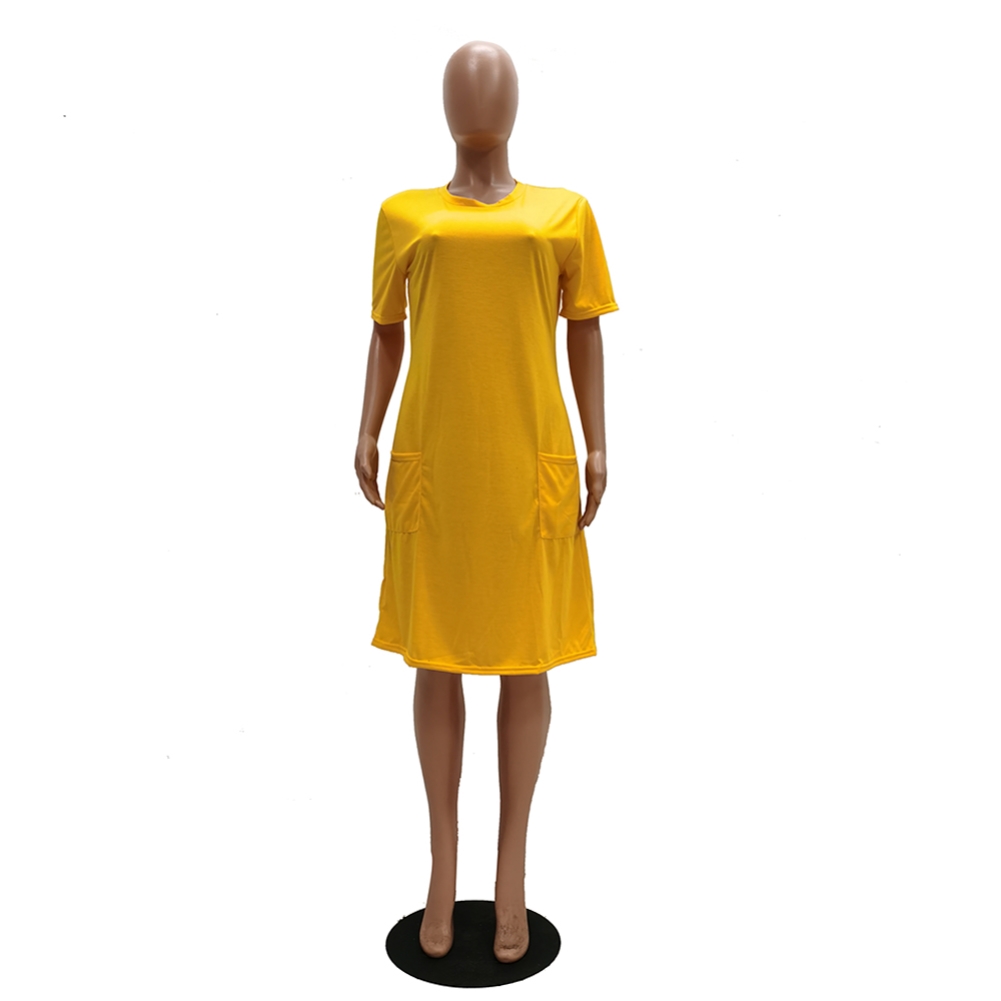 Summer Plain Round Neck Pocket Shirt Dress
