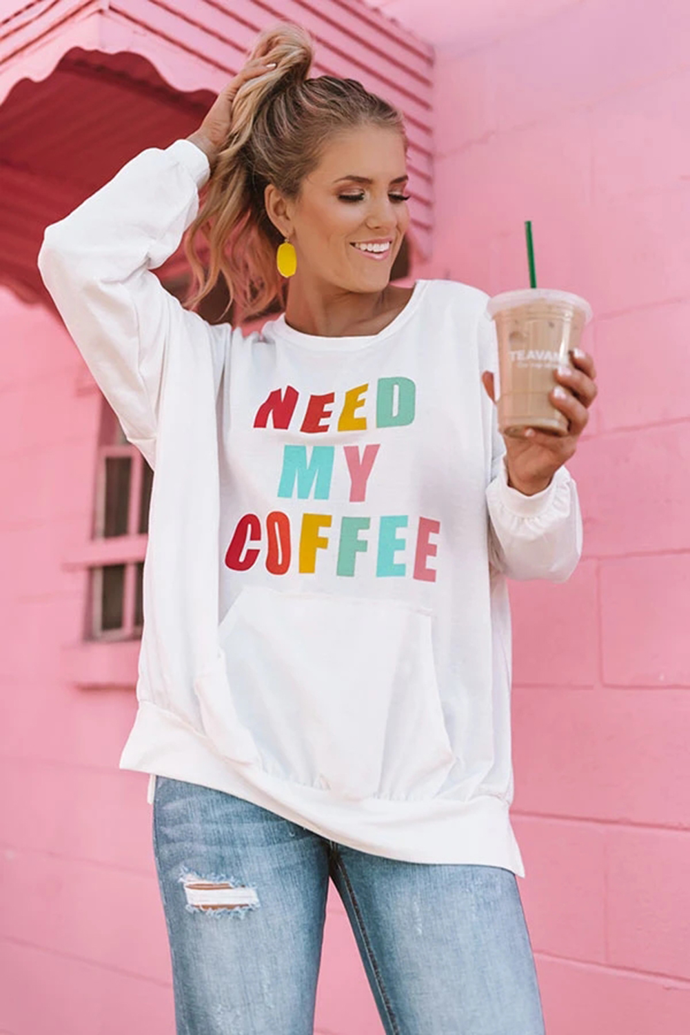 休闲圆领长袖字母大口袋白色套头卫衣