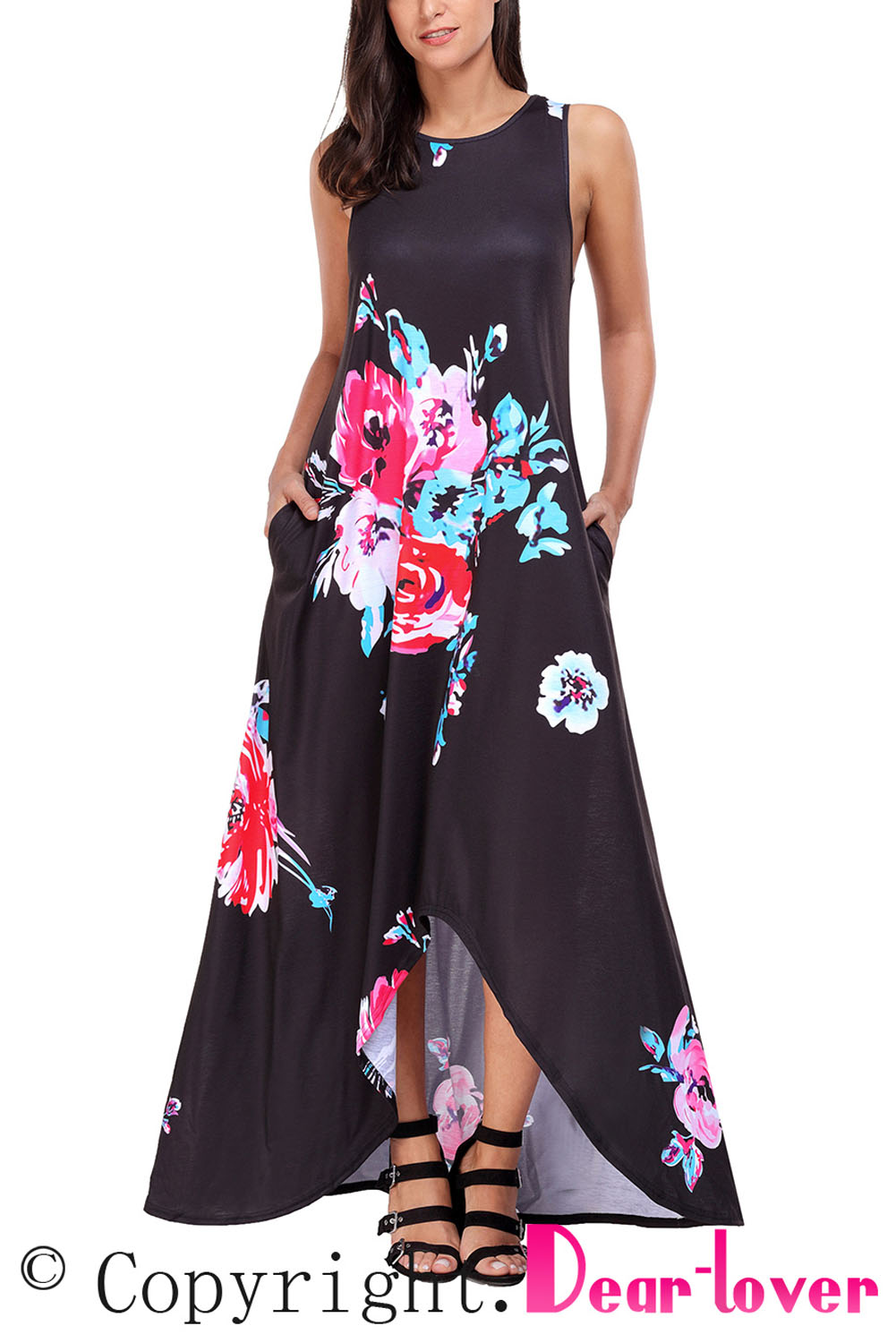 Black Floral Pocketed Holiday Maxi Boho Dress