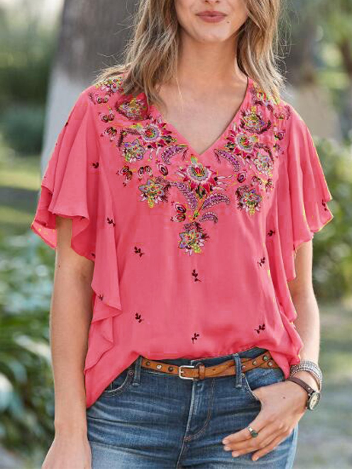 Ruffled Casual V Neck Shirts & Tops