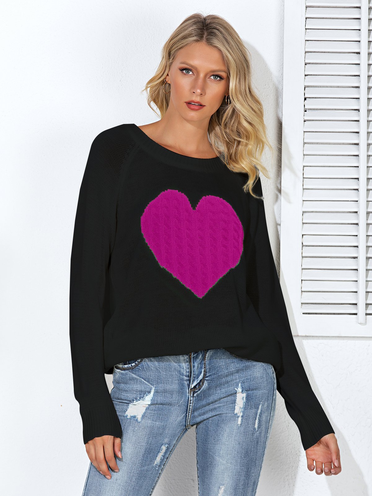 Heart Printed Crew Neck Knitted Long Sleeve Sweaters