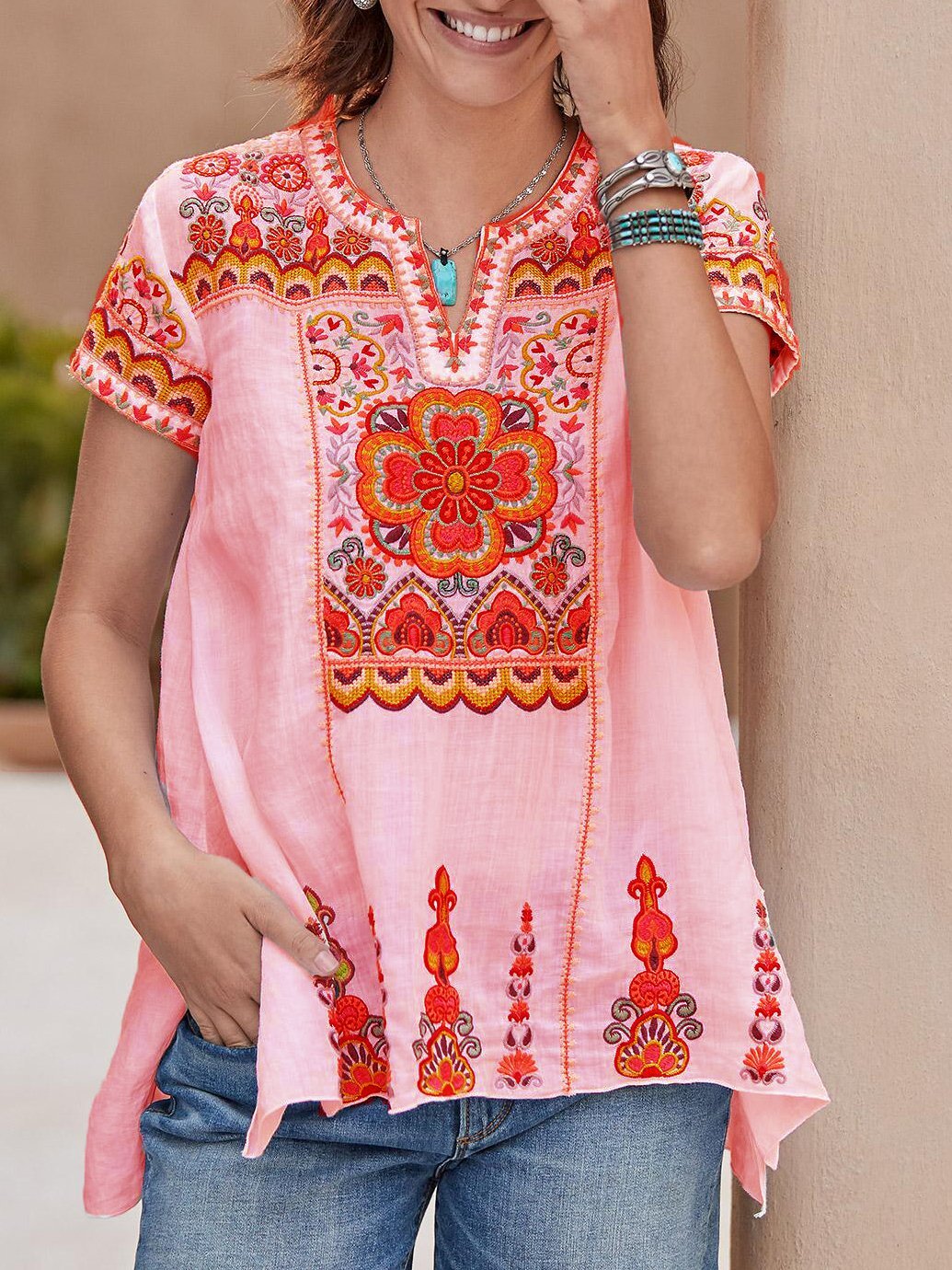 V Neck Short Sleeve Casual Shirts & Tops