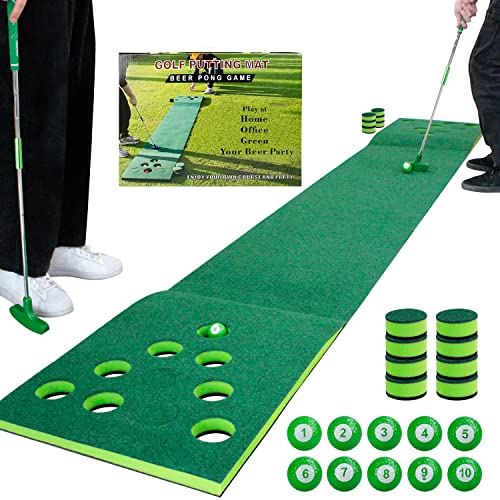 Golf Putting Mat Pong Game Set w/ 2 Green Putters, 10 Golf Balls for Indoor& Outdoor