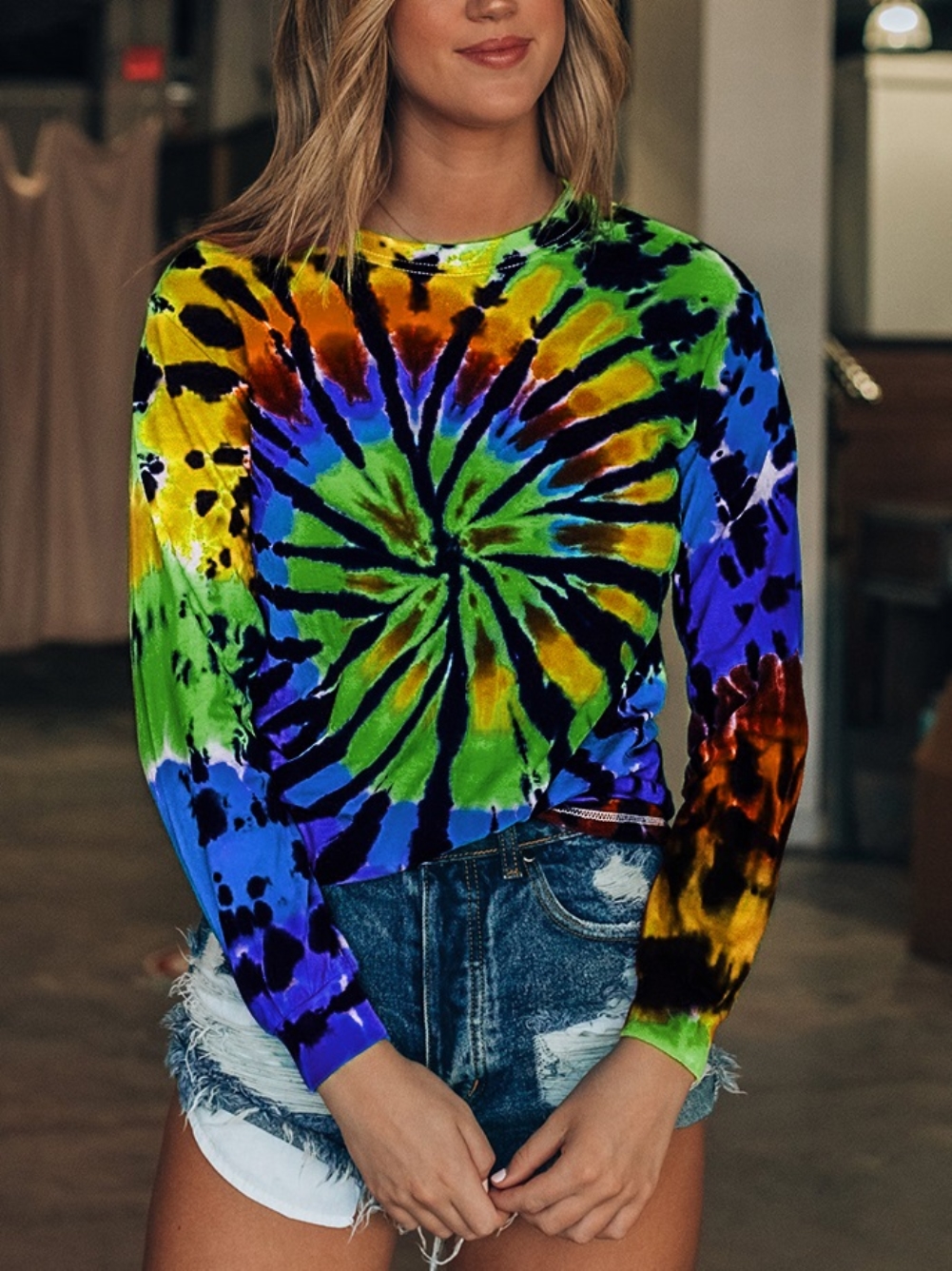 Fall Tie Dye O Neck Shirt with Full Sleeves