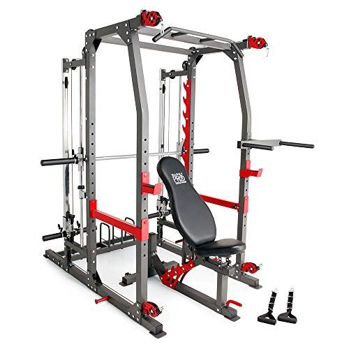 Marcy Pro Smith Machine Weight Bench Home Gym, for the Ultimate Workout- Black  & Red