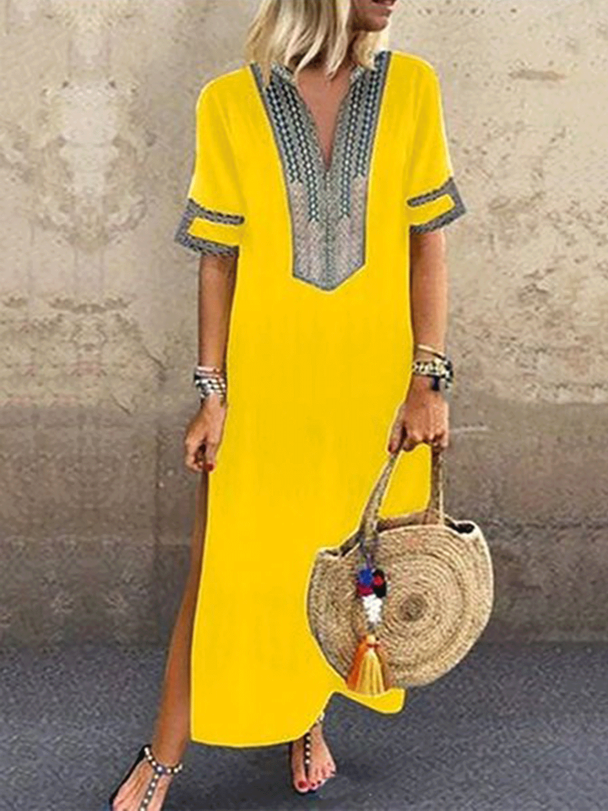 Women Daily Statement Half Sleeve Slit Solid Summer Dress