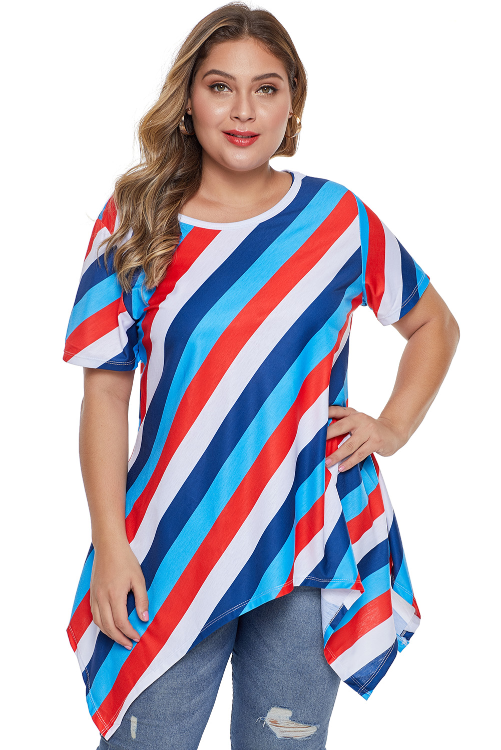 Blue Plus Size Striped Sharkbite Tee