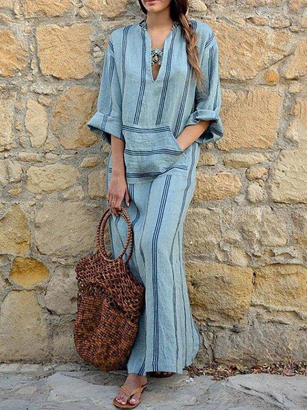 Plus Size Women Shift Daily Linen Long Sleeve Pockets Striped Dress