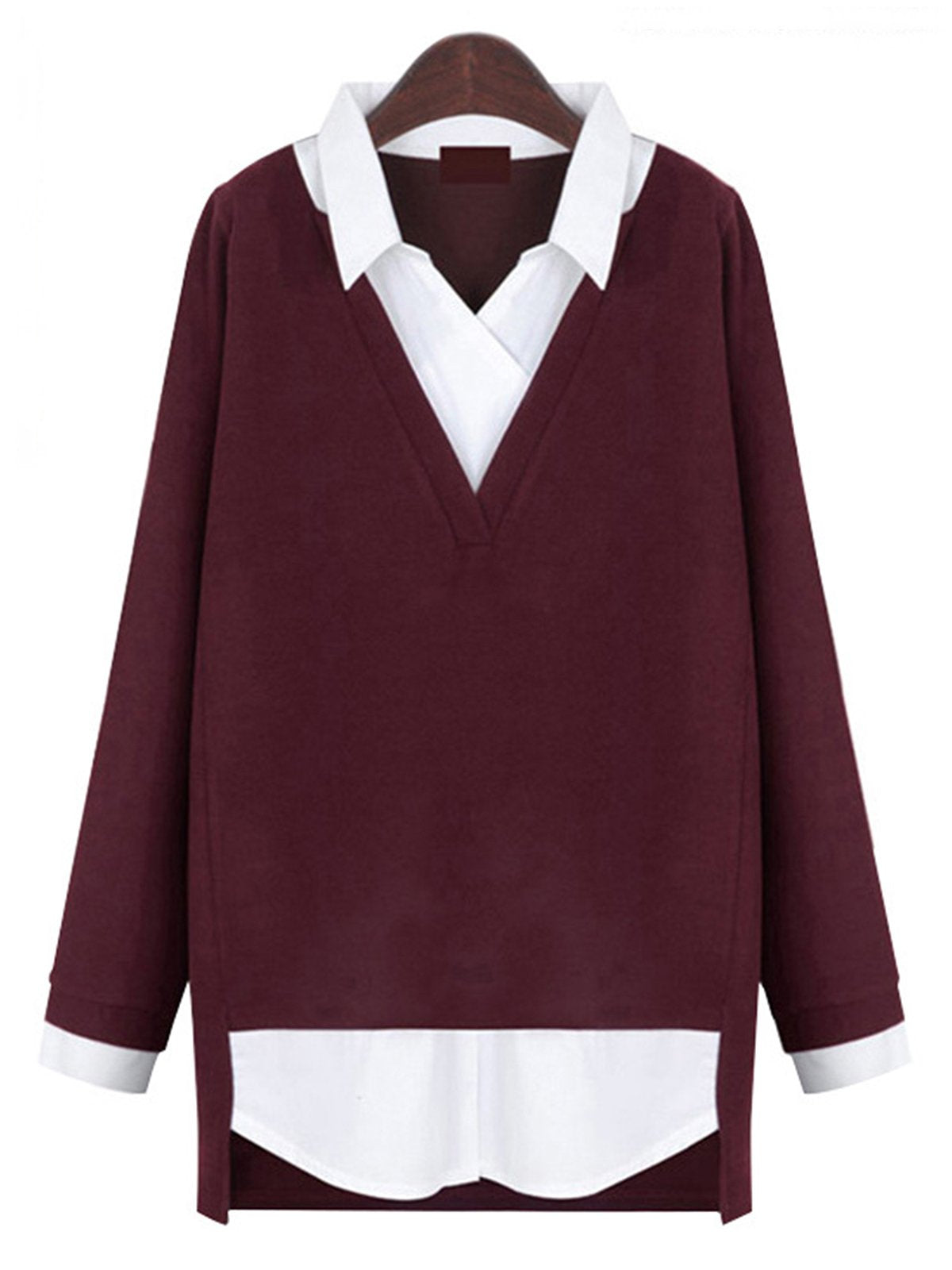 Long Sleeve Color-Block Casual Plus Size Blouse