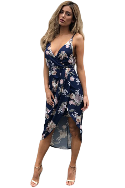 Deep V Neck Multicolor Floral Print Boho Dress in Navy Blue