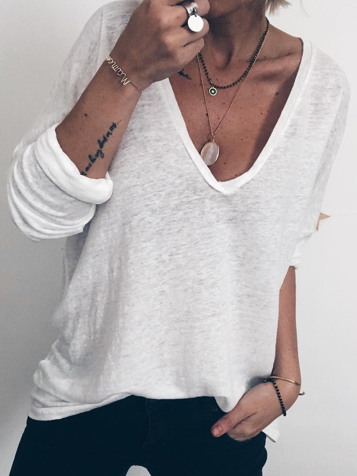 Casual Solid V Neck Shirts & Tops