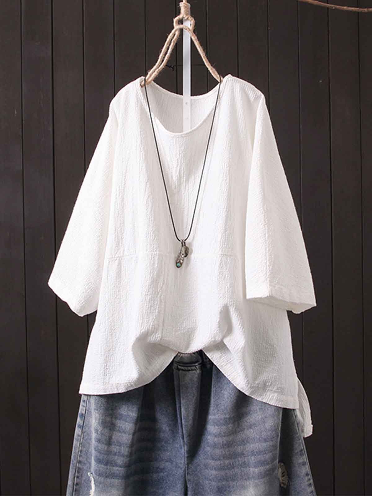 Casual Cotton-Blend Round Neck Shirts & Tops