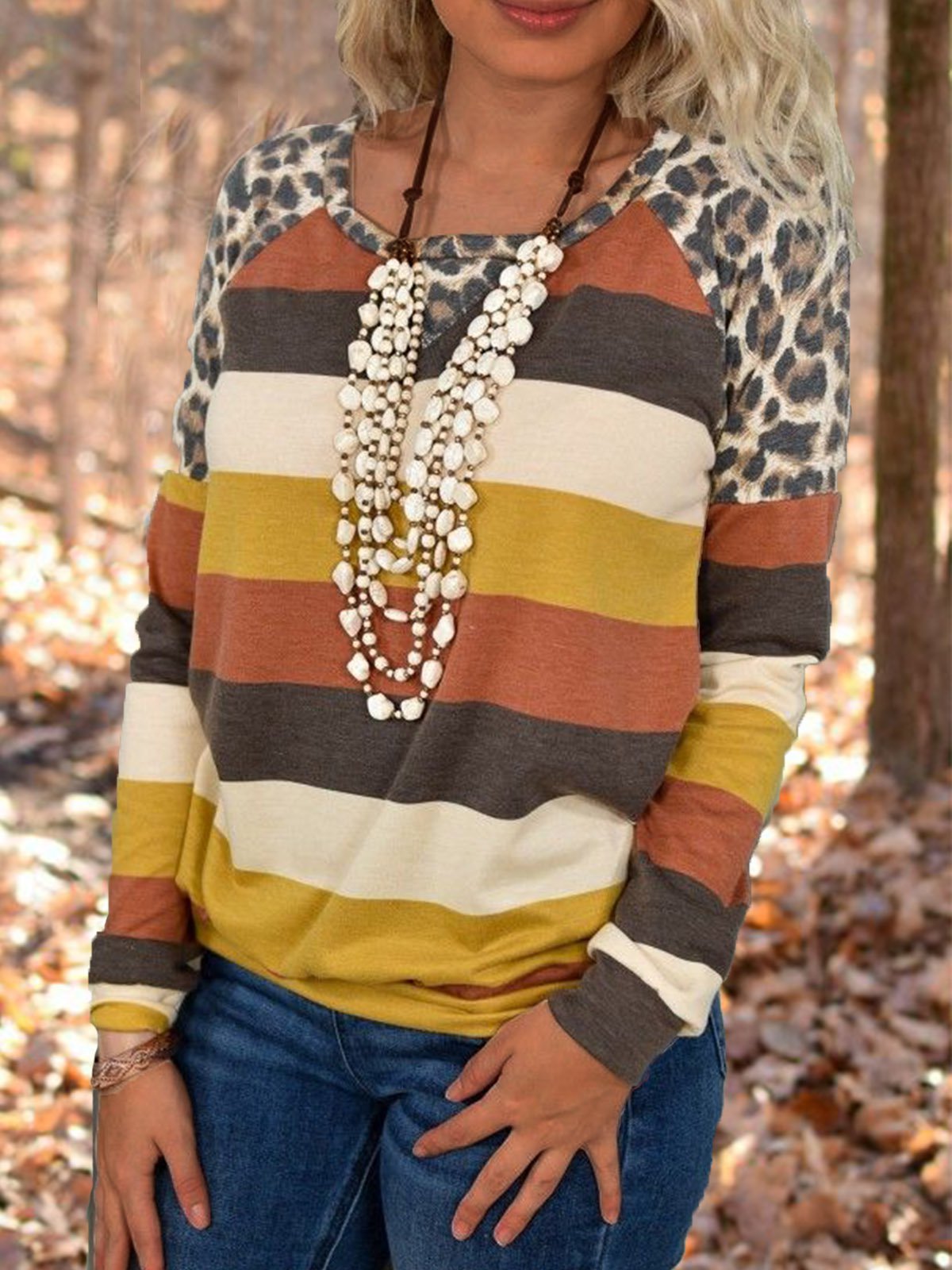 Multicolor Leopard Crew Neck Casual Shirts & Tops