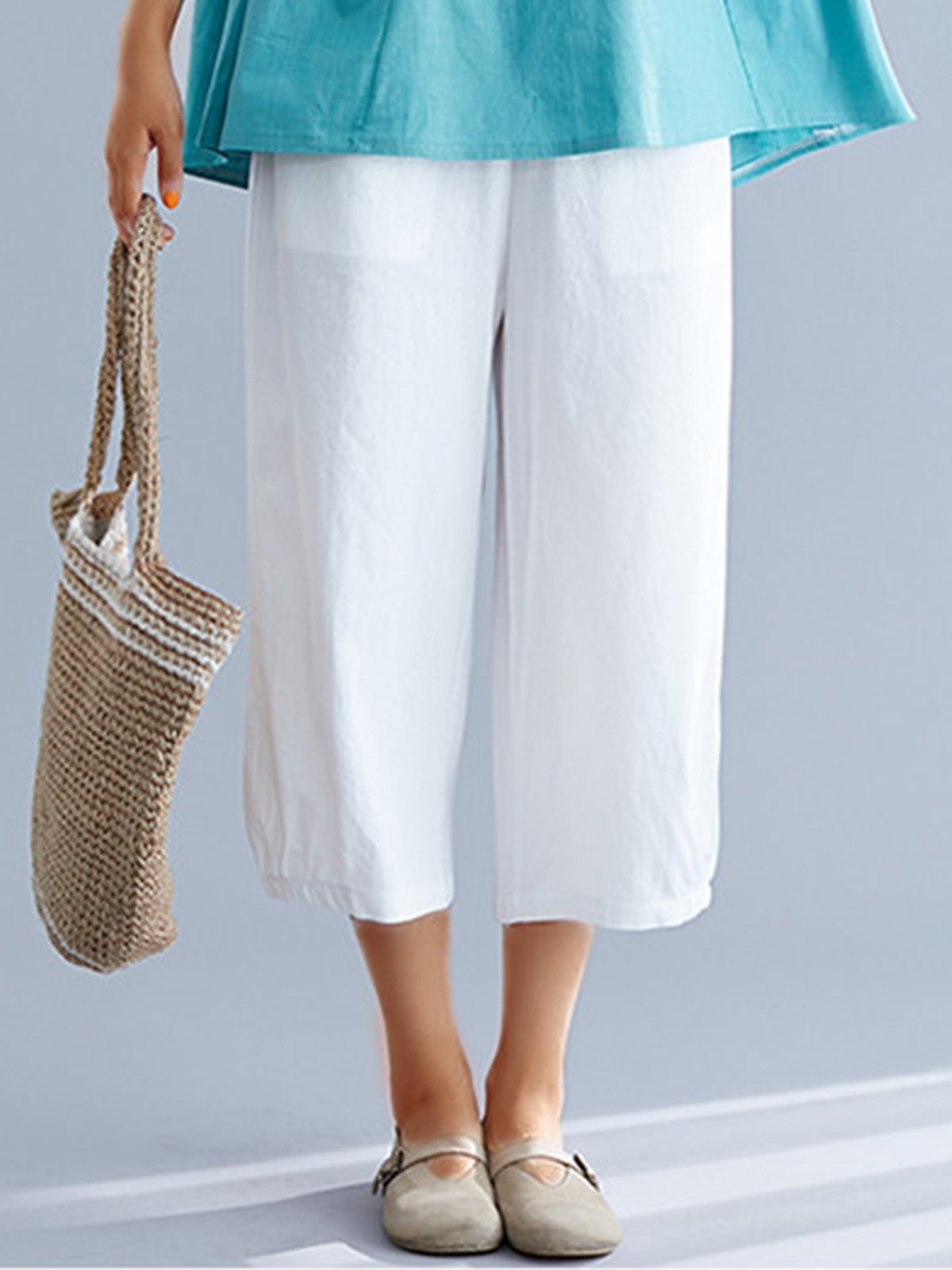 Plus Size Women Cotton Solid Plaid Loose Casual Wide Leg Pants