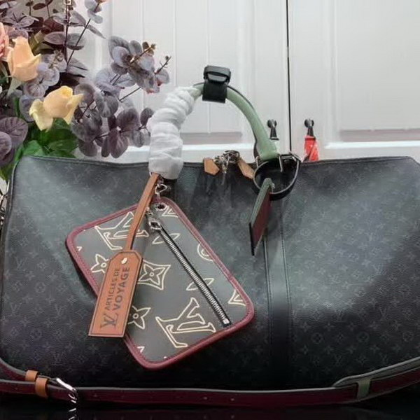 【原版皮】路易威登/LV Keepall 50旅行袋，Monogram Eclipse帆布包身搭配卷标和点缀Monogram图案的可拆卸拉链袋，机舱行李尺寸，内含充裕空间，与绅士优雅随行，款号：M56856