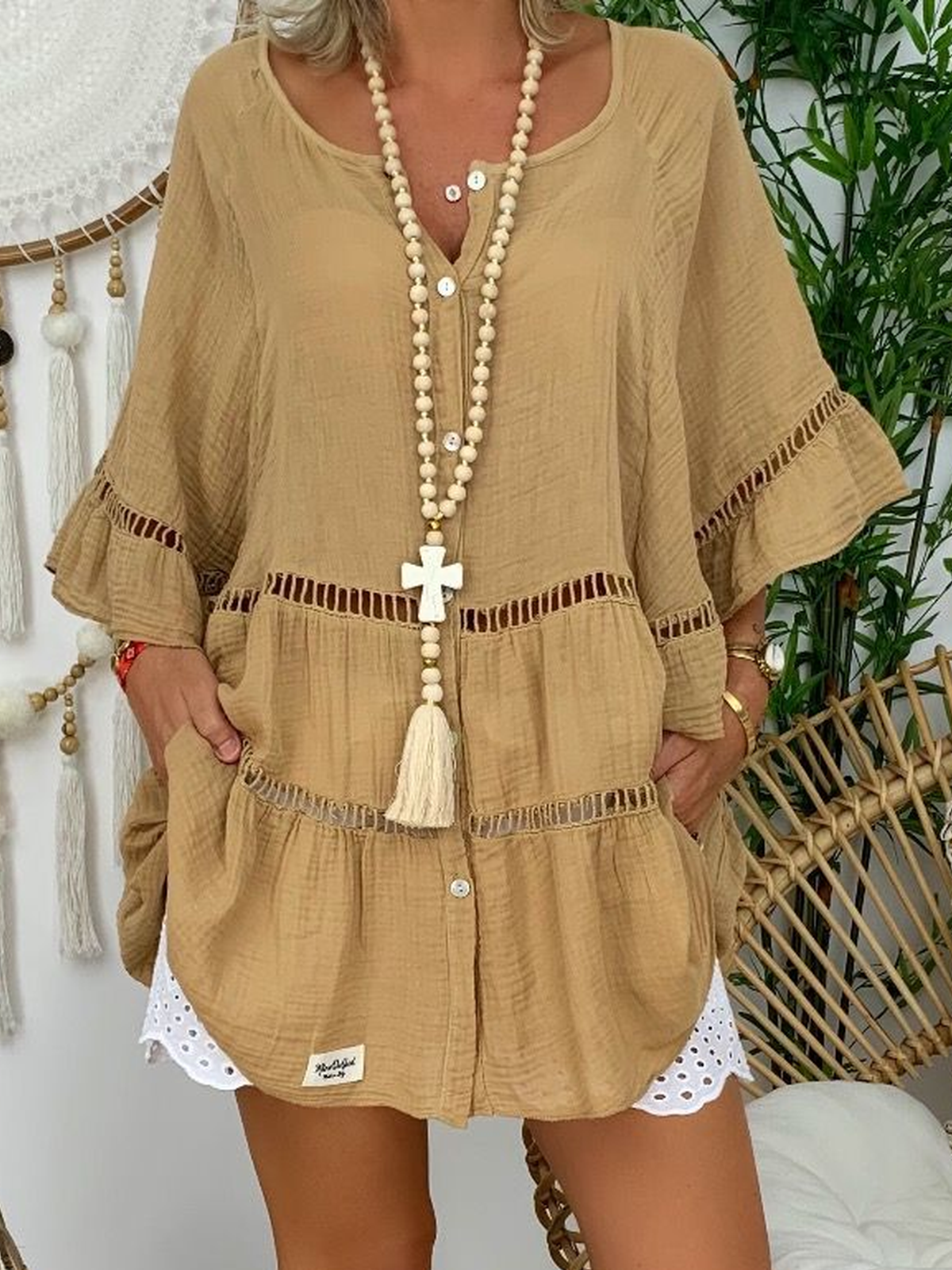 Khaki Cotton-Blend Casual Shirts & Tops