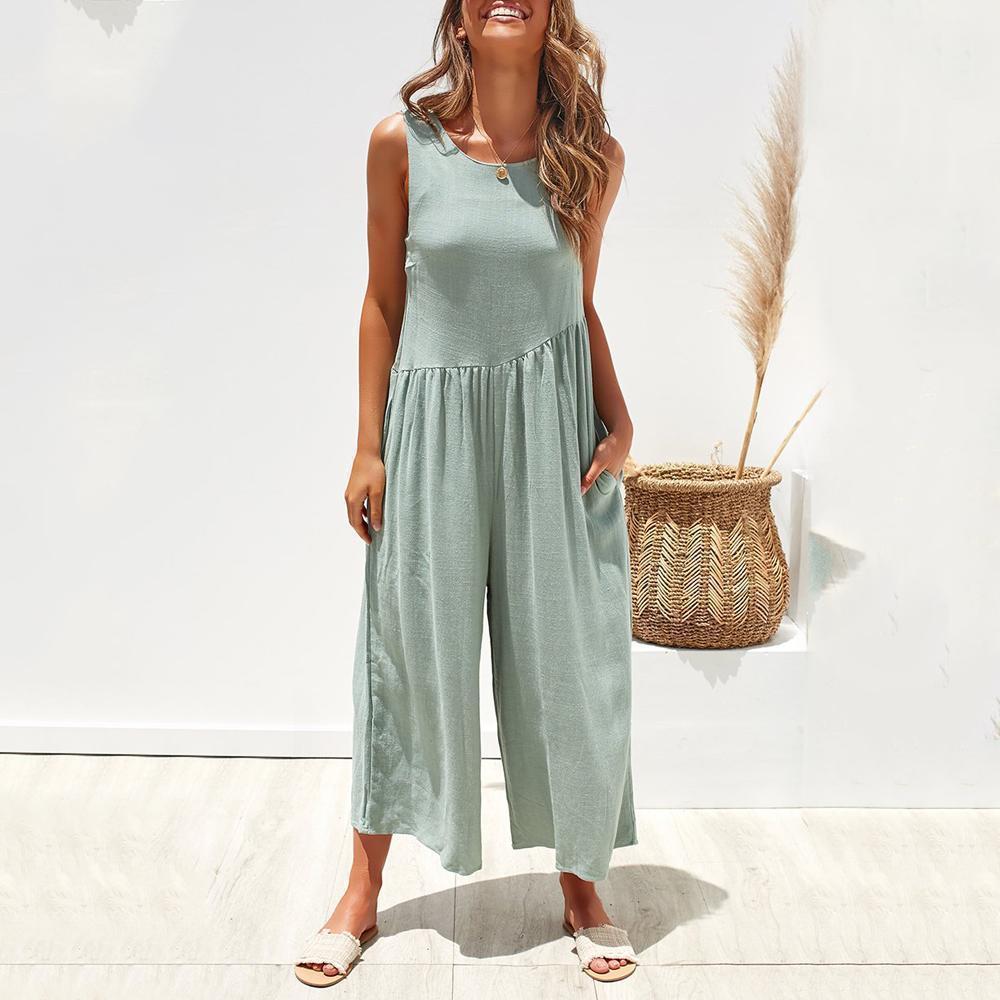 Casual Round Collar Plain Loose Sleeveless Jumpsuit