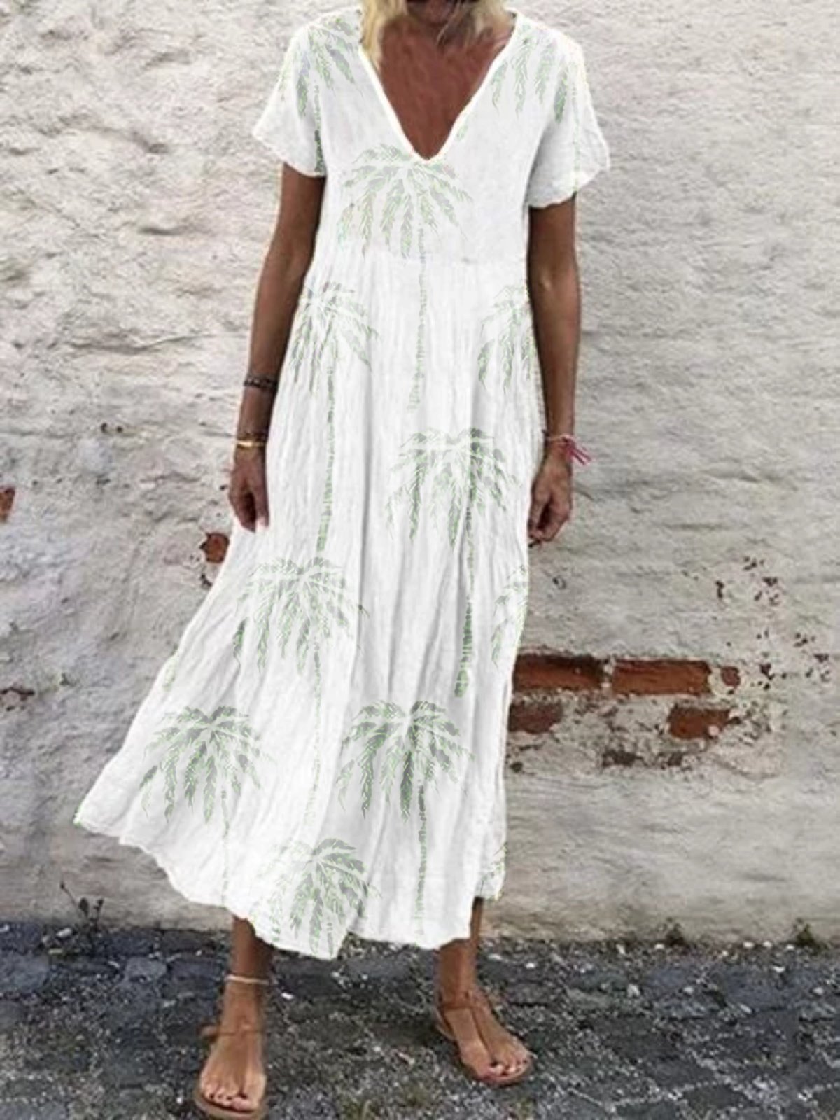 Plus Size Women Short Sleeve V Neck Vintage Plant Floral Casual Dresses