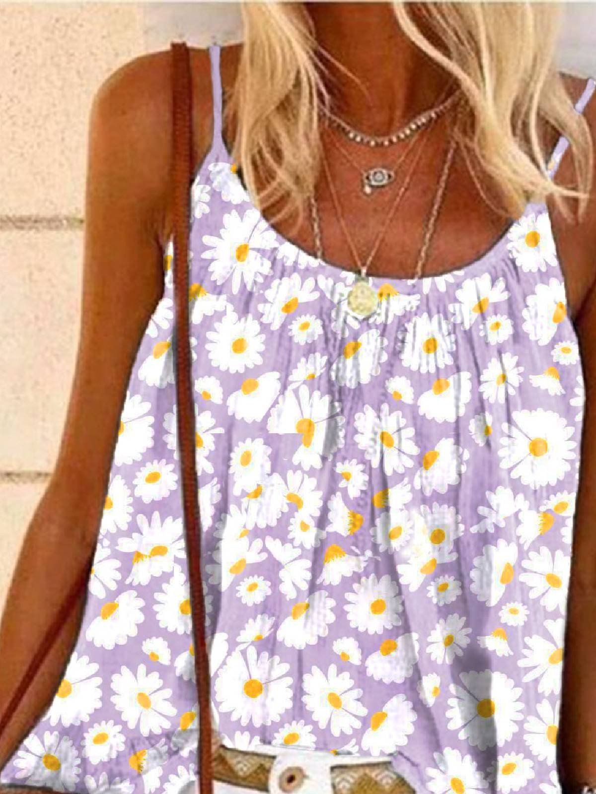 Purple Floral-Print Sleeveless Shirts & Tops