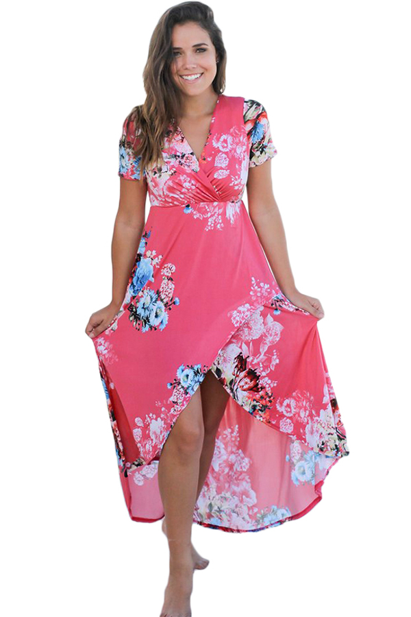 Rosy Floral Print High Low Wrap Dress