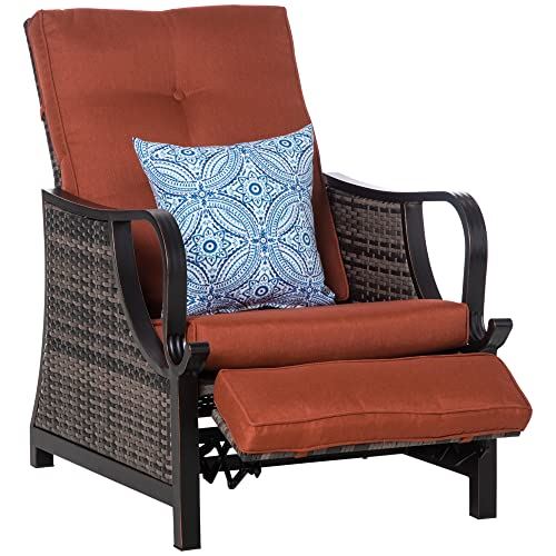 Outsunny Adjustable Patio Rattan Leisure Chair, Outdoor Relax PE Rattan Recline Lounge Furniture, w/Cushion & Armrest for Backyard, Garden, Patio, Red