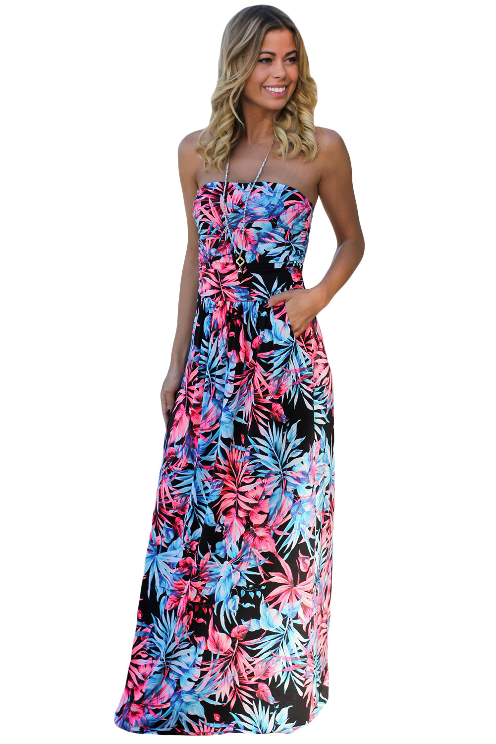 Black Neon Pink Tropical Strapless Maxi Dress with Pockets