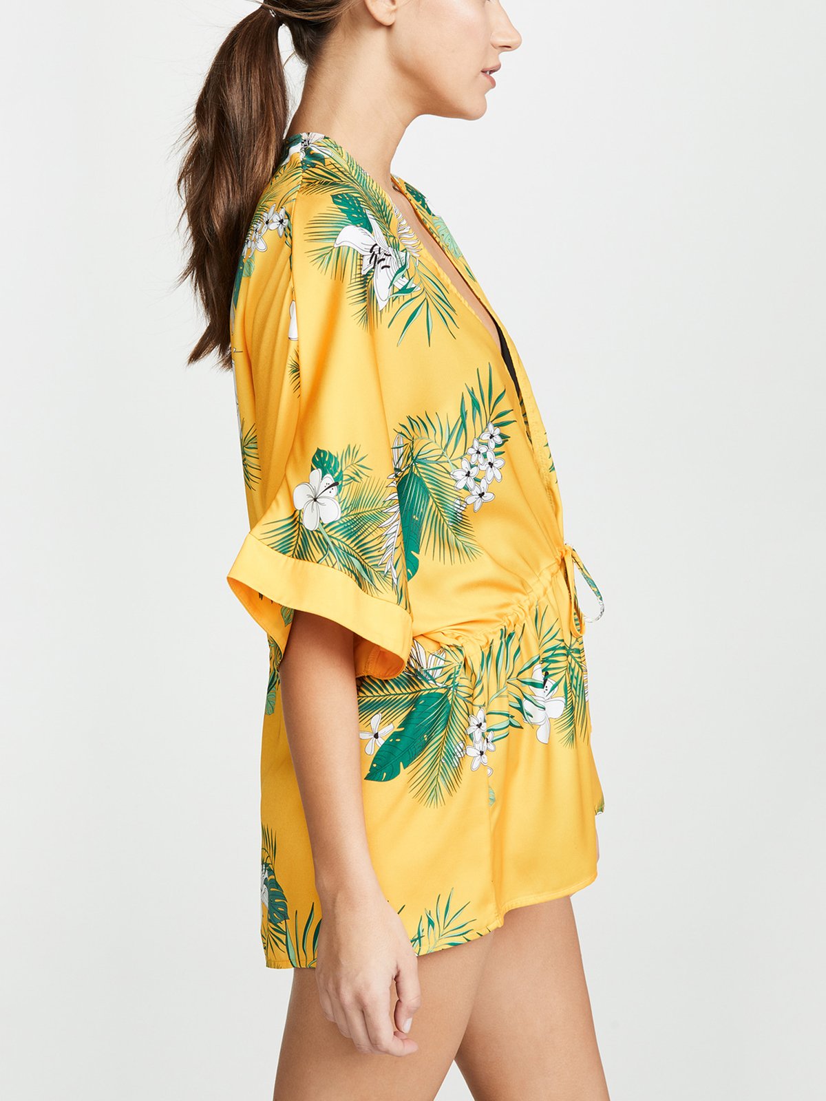 Yellow Floral Casual 3/4 Sleeve Shirts & Tops