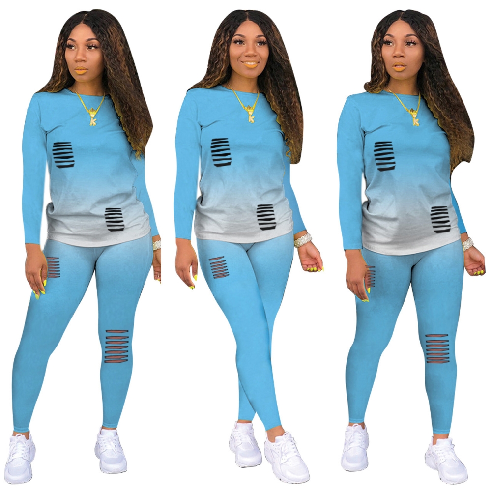 Gradient Two Piece Matching Ripped Pants Set