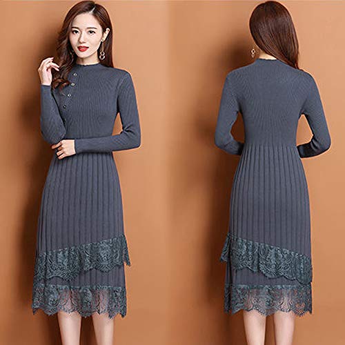 连衣裙 女士 秋冬 长袖 罗纹针织连衣裙 蕾丝