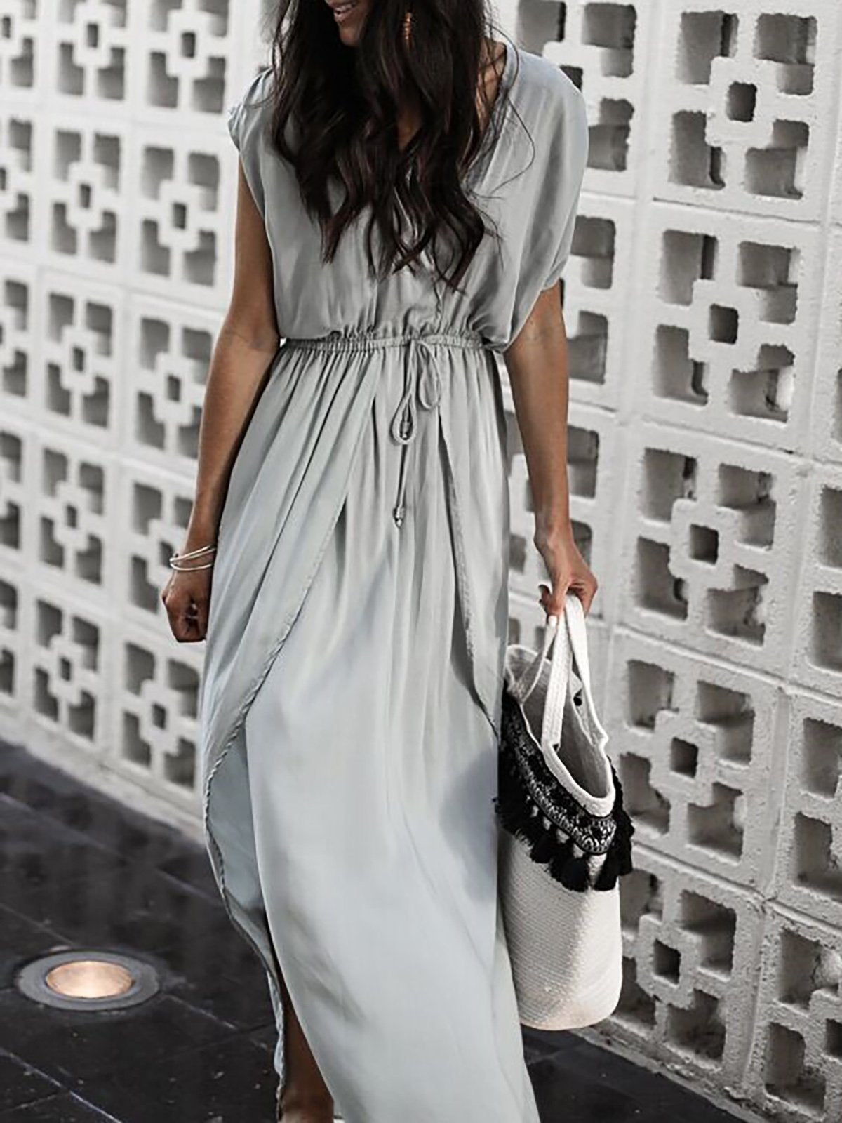 Gray Basic V Neck Beach Dress