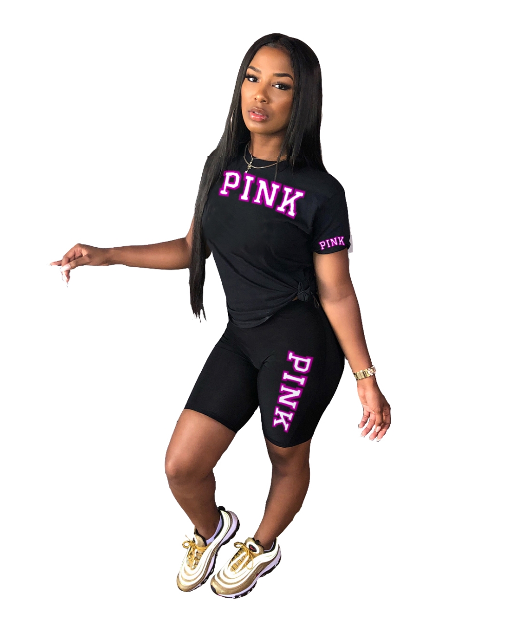 Summer Print Black Two Piece Biker Shorts Set