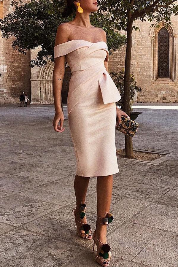 Sexy Apricot Off Shoulder Short Sleeves Bodycon Dress