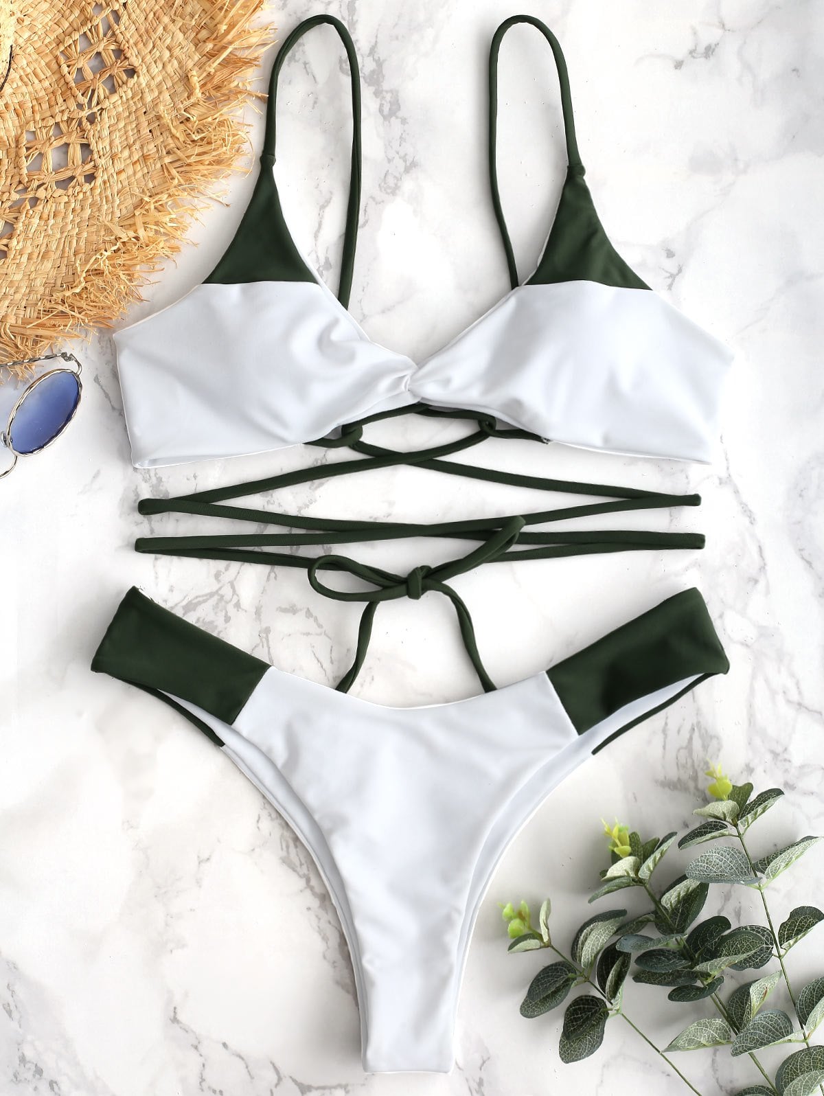 ZAFUL Lace-up Twist Two Tone Bikini Set - Hazel Green