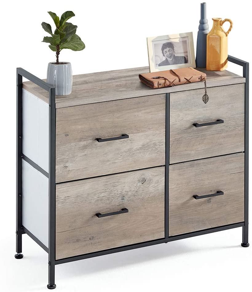 Linsy Home 4 Drawer Nightstand, Wide Storage Dresser Unit with Wood Top and Front, Metal Frame