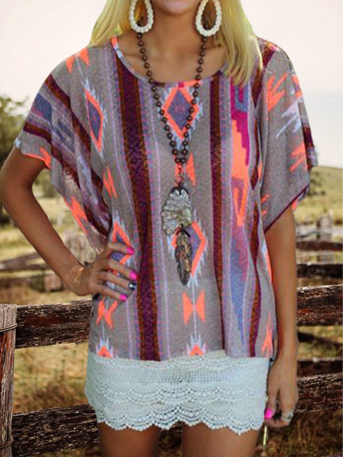 Purple Casual Shift Geometric Shirts & Tops