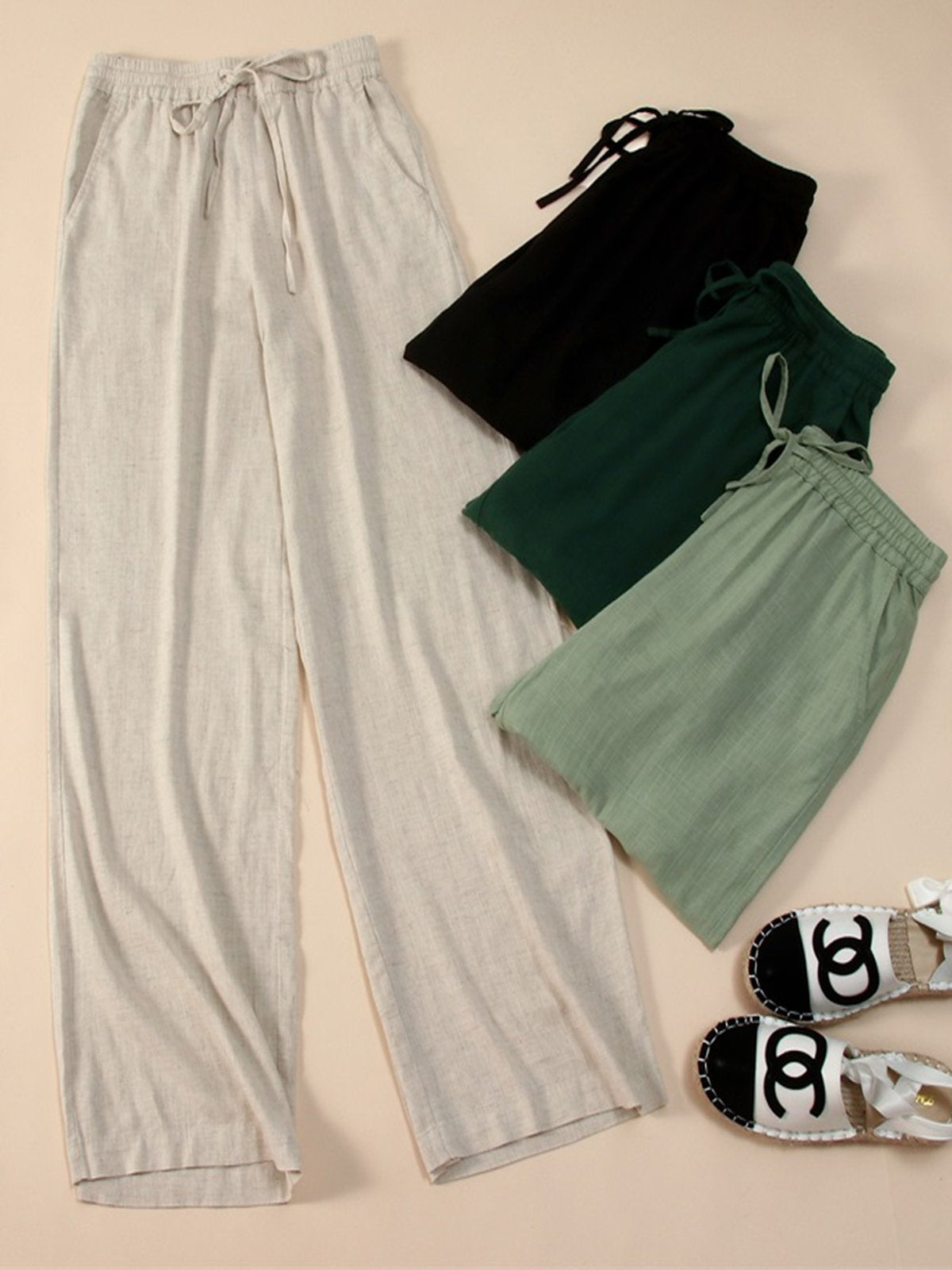Plus Size Women Cotton And Linen Solid Loose Casual Wide Leg Pants