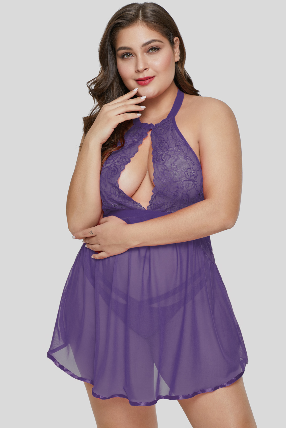 Purple Plus Size Sheer Fantasy Babydoll Set