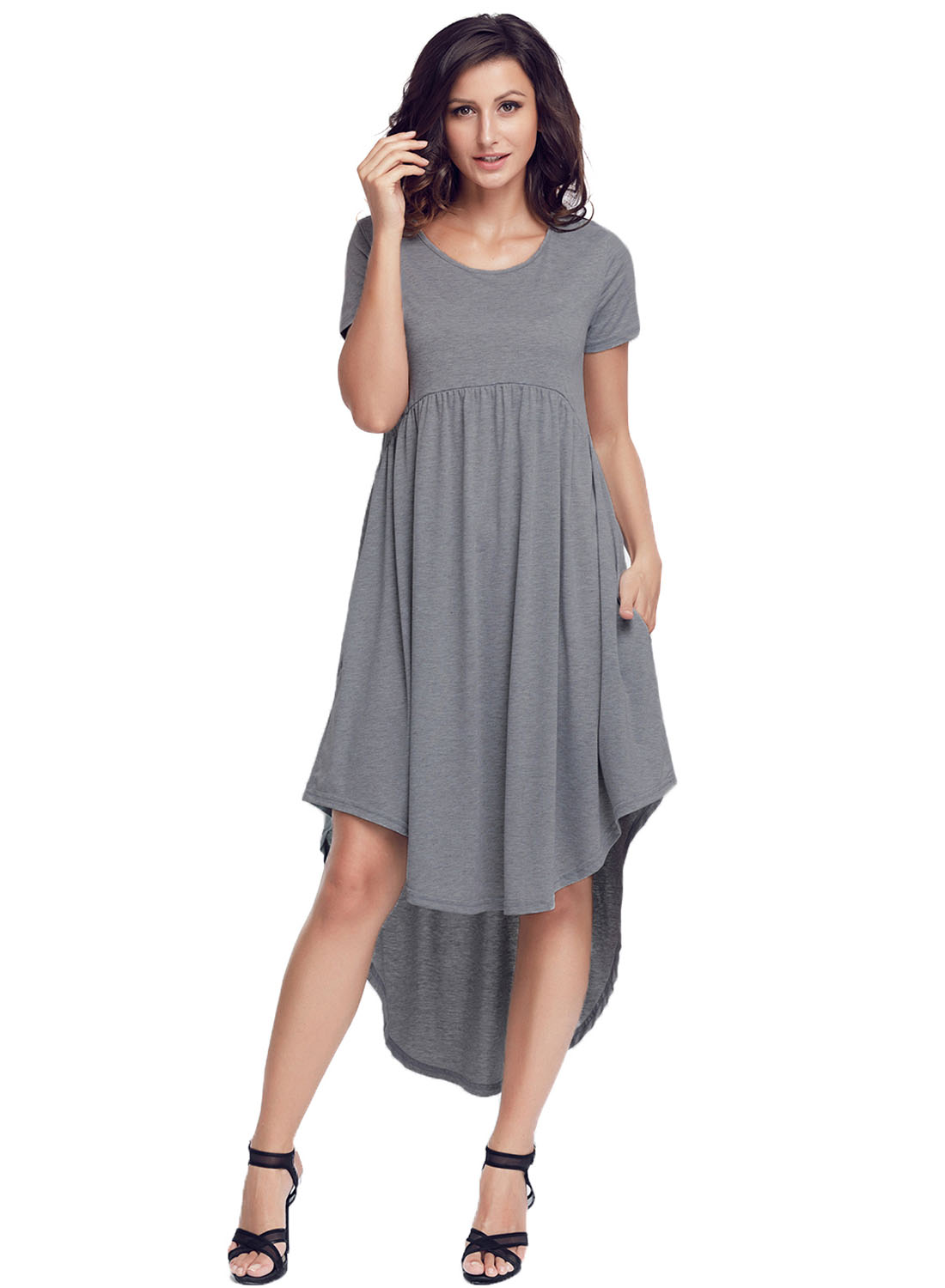 Grey Short Sleeve High Low Pleated Casual Swing Dress