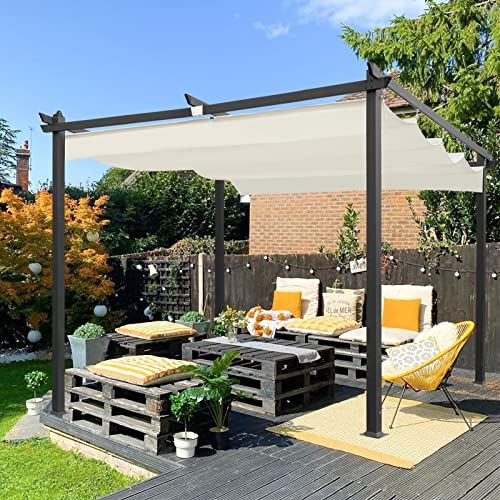 ECOTOUGE 8 x 8 Pergola for Outdoor, Retractable Pergola Canopy Sun Shade(UV Resistant & Waterproof), Aluminum Frame Metal Pergola for Garden, Porch, Beach, Yard (Beige)