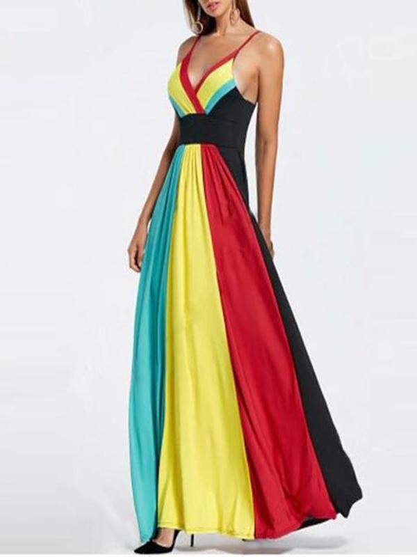 Spaghetti Strap  Color Block Maxi Dress