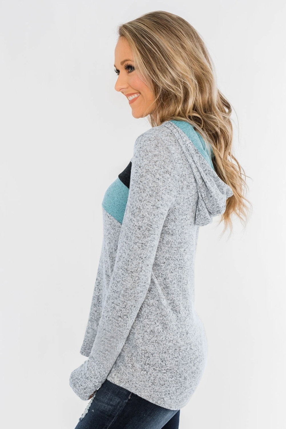 灰色休闲拼色条纹长袖宽松连帽衫