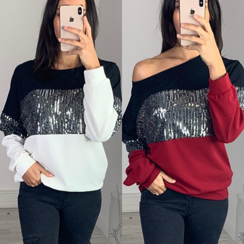 Color Block Sequins Round Neck Shirt with Sleeves