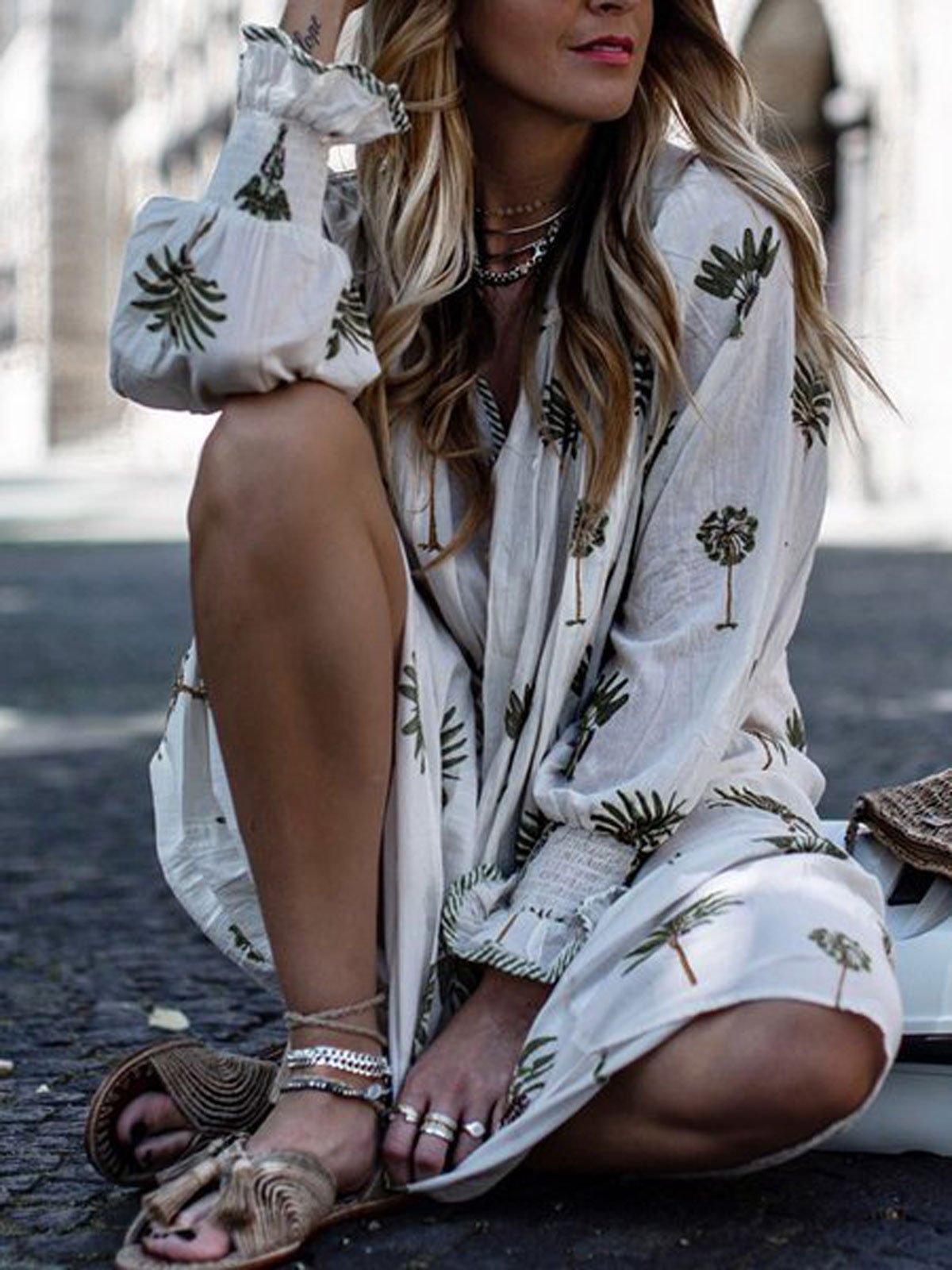 Boho V Neck Printing Casual Dresses