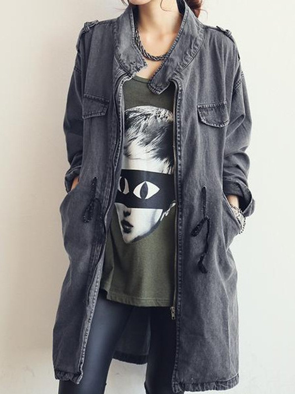 Denim Solid Long Sleeve Pockets Coat