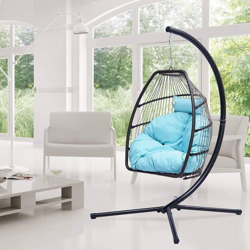 Rattan Swing Hammock Egg Chair with C Type Bracket,With Blue Cushion