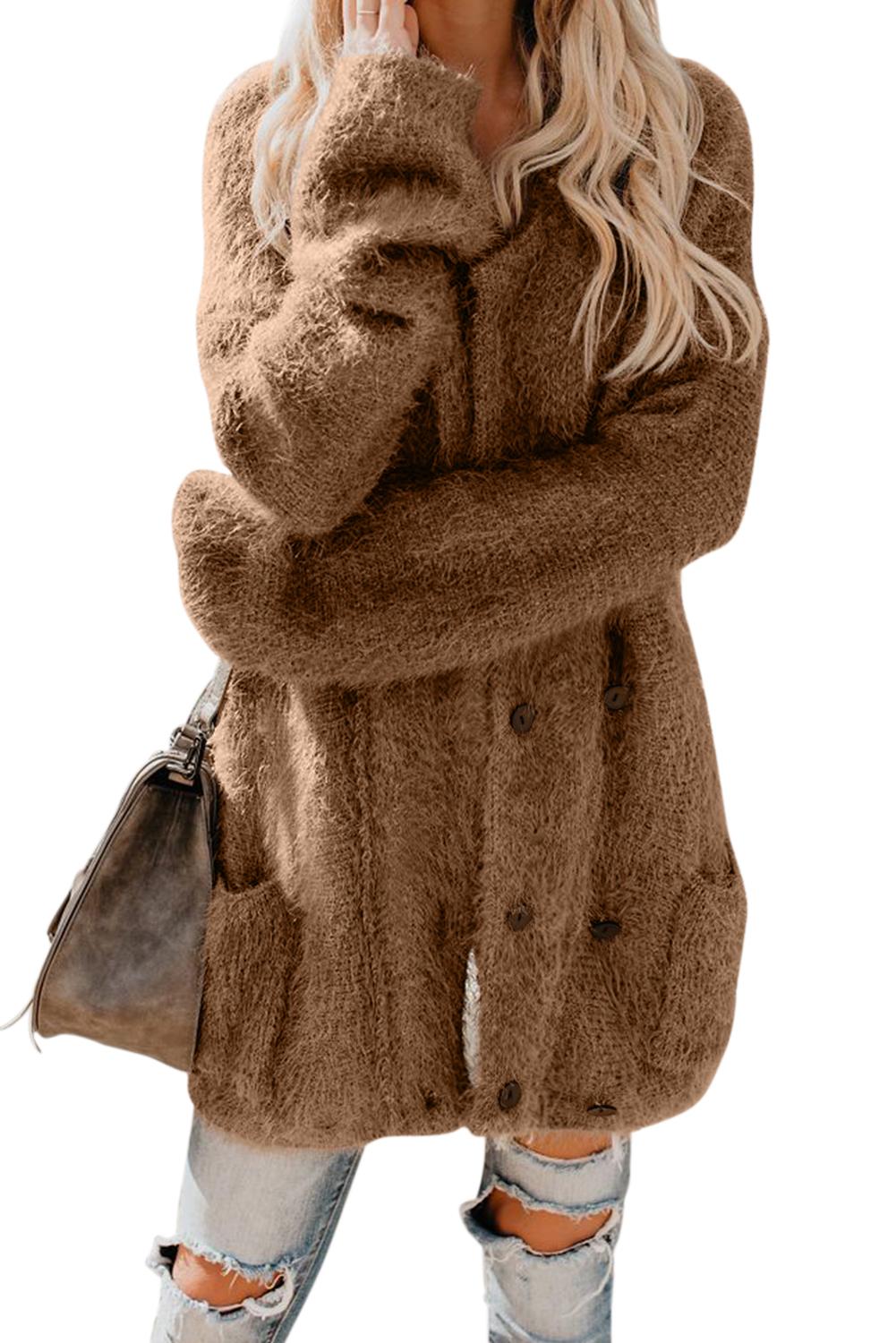 Brown Warm Fuzzy Double Breasted Pocketed Cardigan