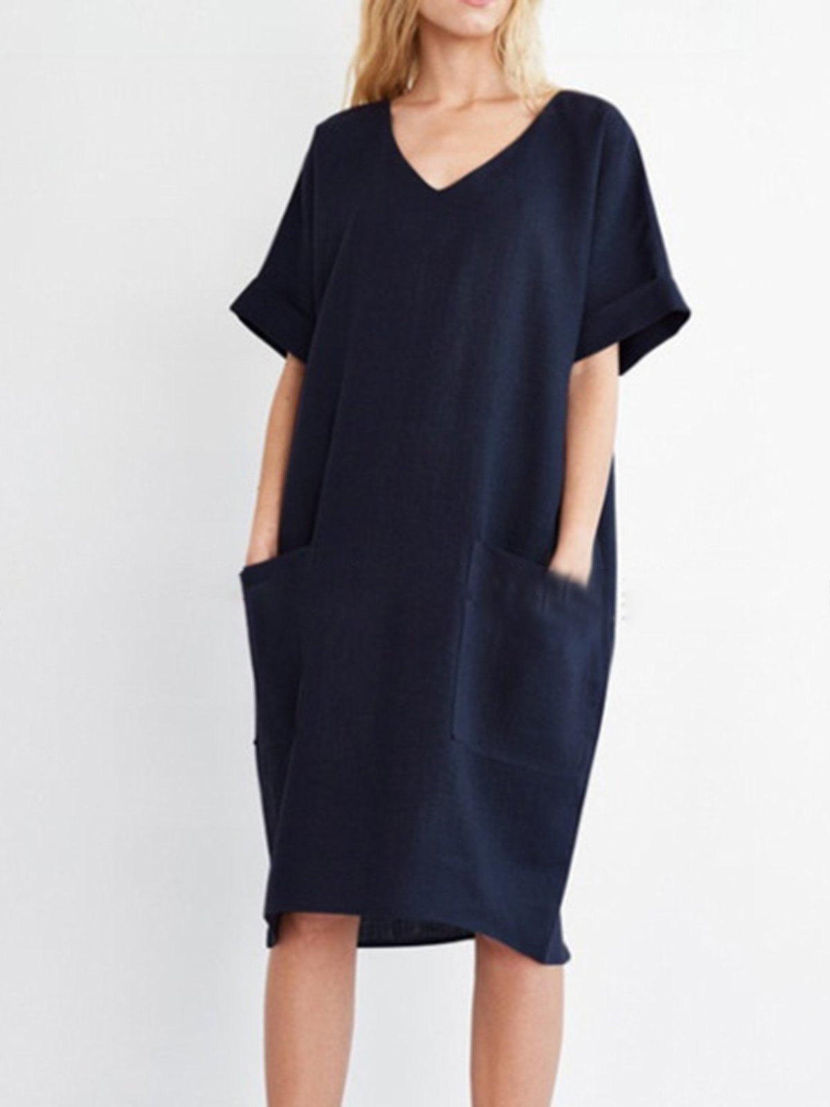 V neck Women Summer Dress Shift Daily Pockets Solid Dress