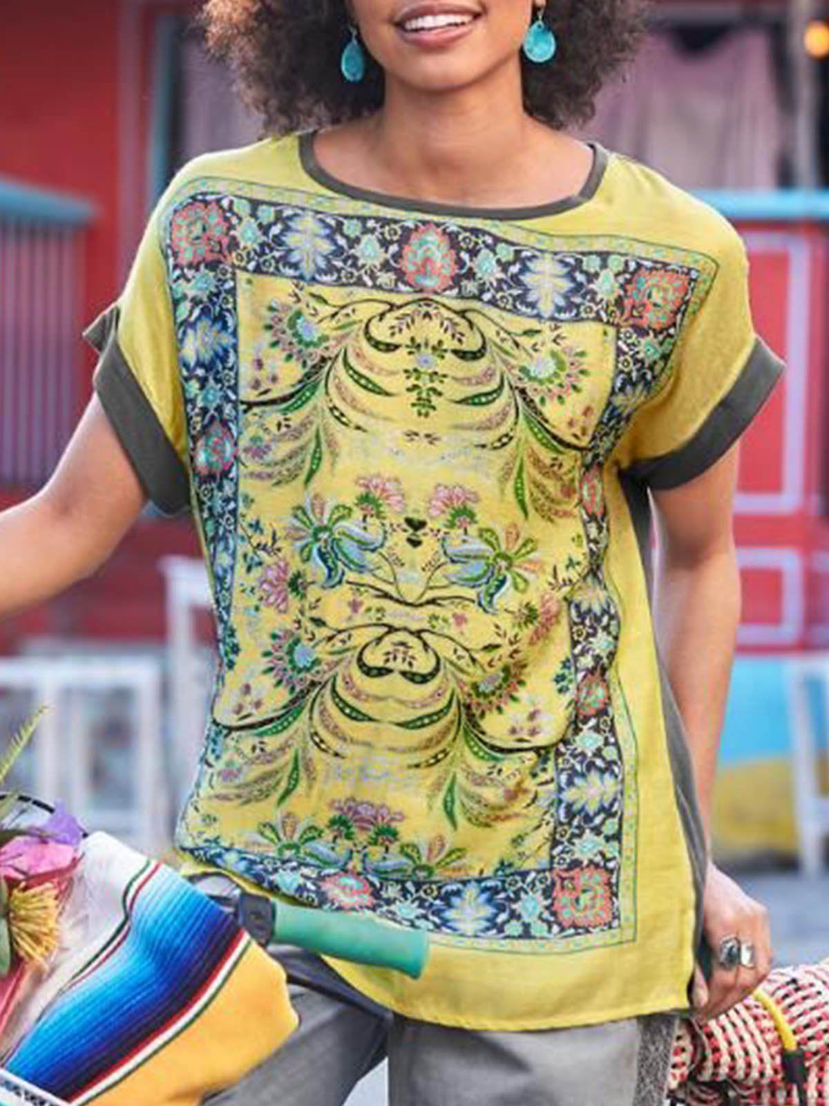 Short Sleeve Cotton-Blend Boho Round Neck Shirts & Tops