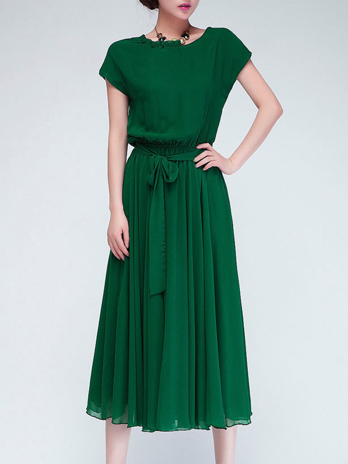 Elegant Chiffon Short Sleeve Dress with Belt